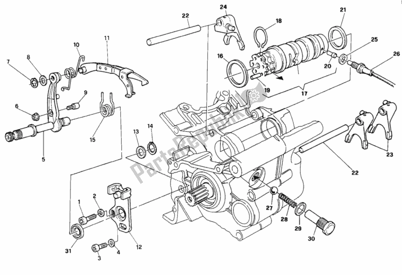 All parts for the Gear Change Mechanism of the Ducati Paso 907 I. E. 1990